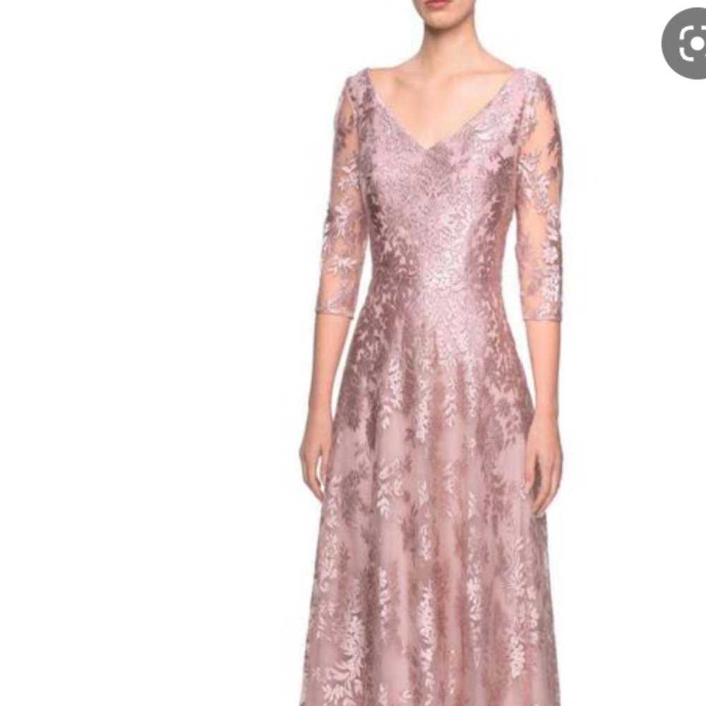 LaFemme Formal Blush Pink Lace Full Length Gown